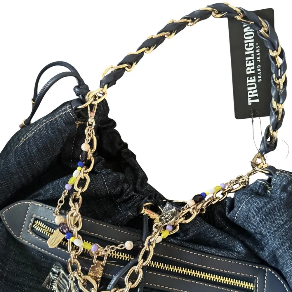 True Religion All Denim Large Hobo Bag Multi chain Strap With Charm NWT
